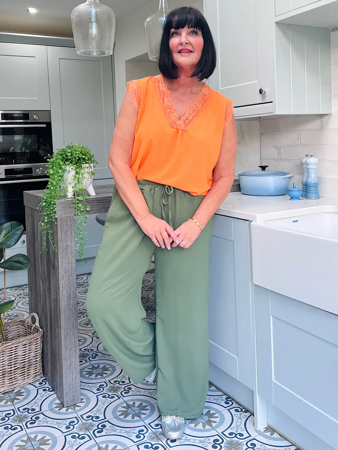 Khaki Wide Leg Pocket Trousers Claudia