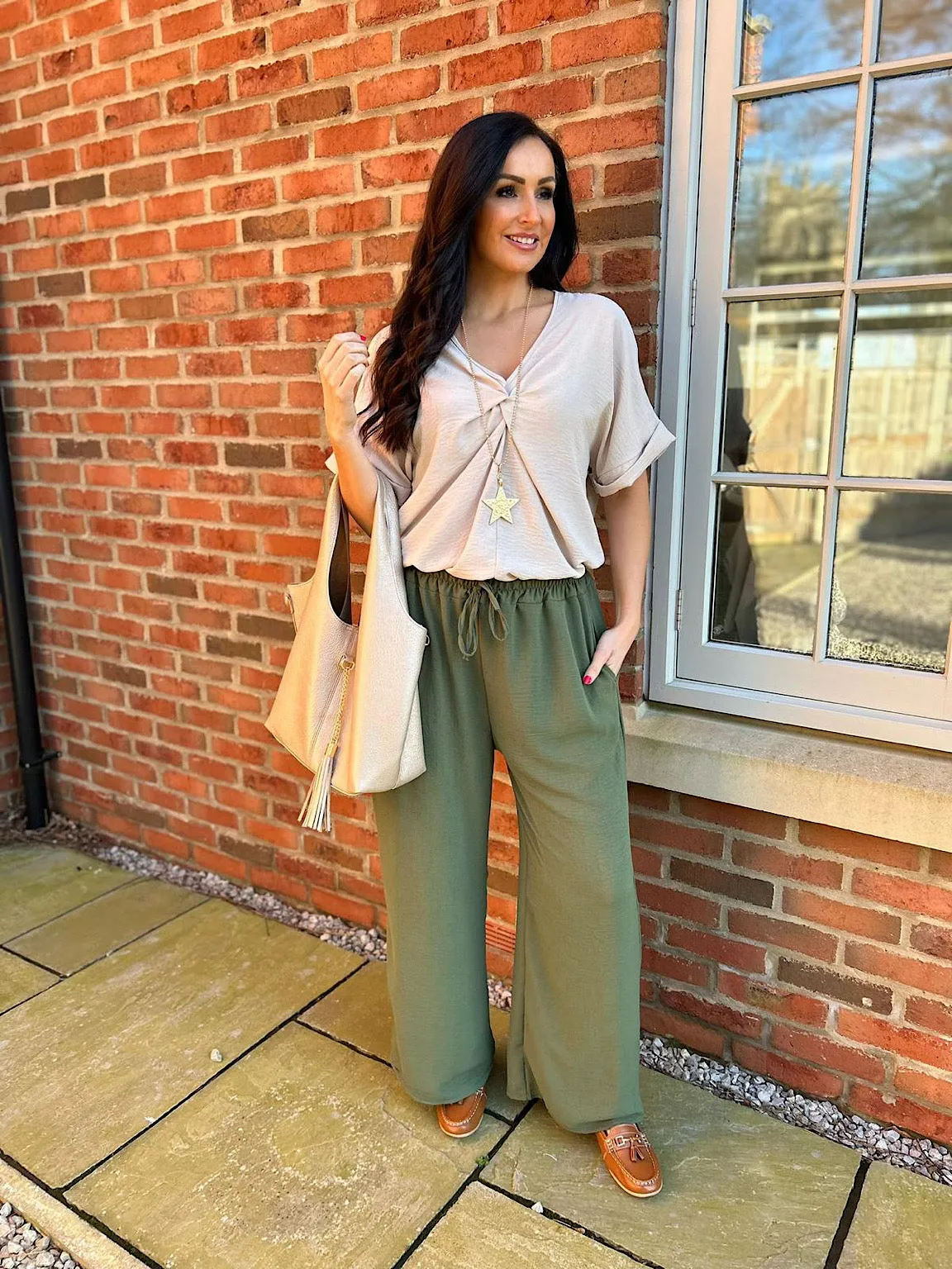 Khaki Wide Leg Pocket Trousers Claudia