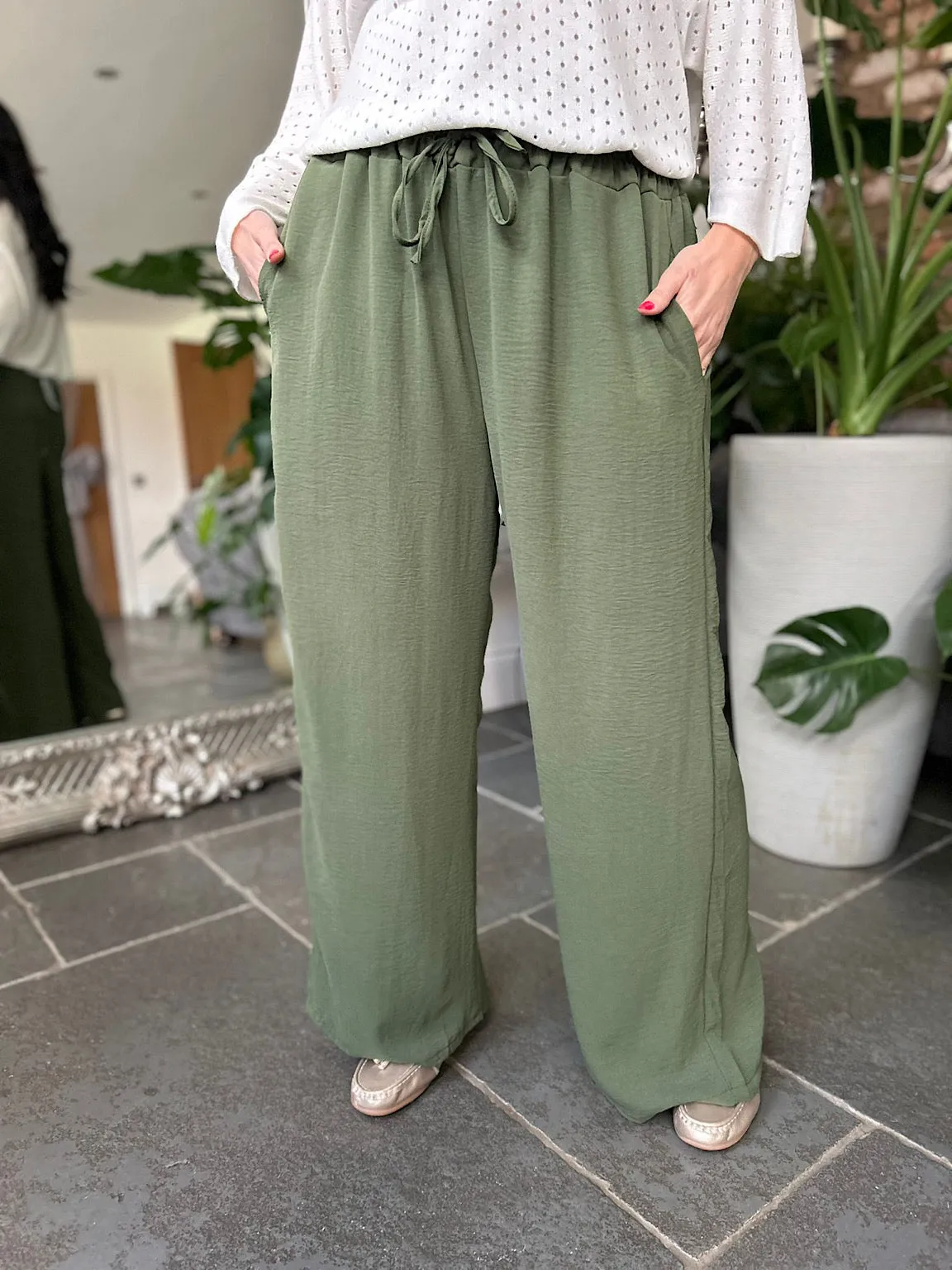 Khaki Wide Leg Pocket Trousers Claudia