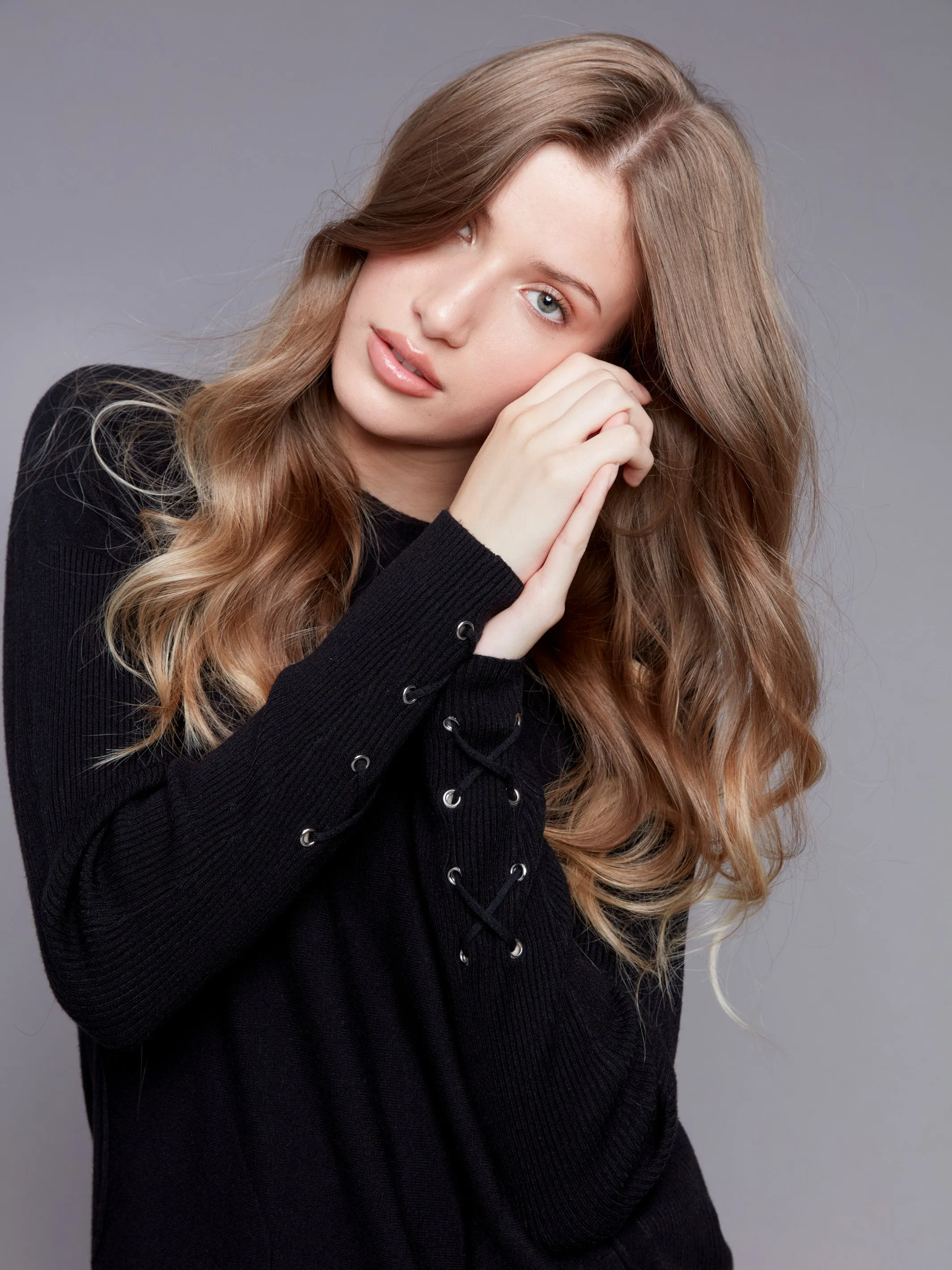 Knit Sweater with Lace-Up Cuffs - Black