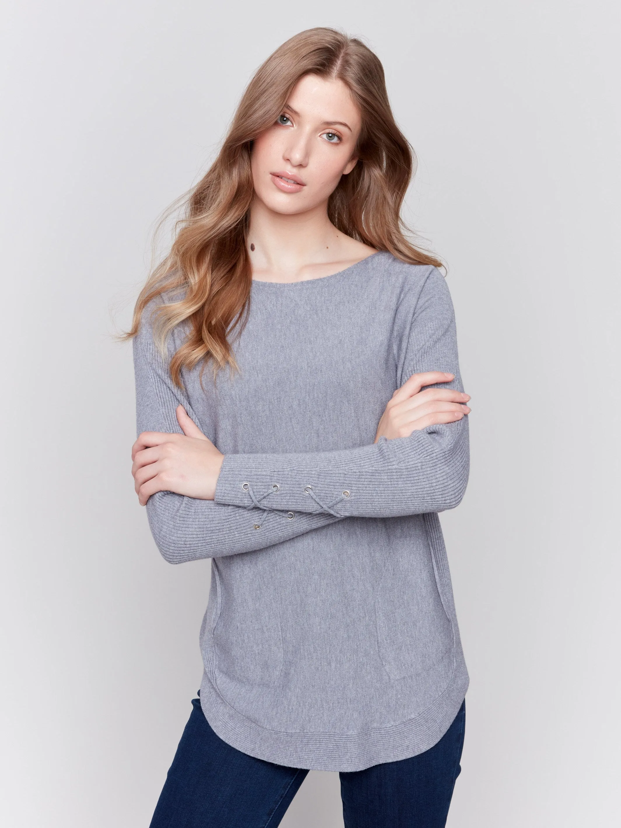 Knit Sweater with Lace-Up Cuffs - Grey