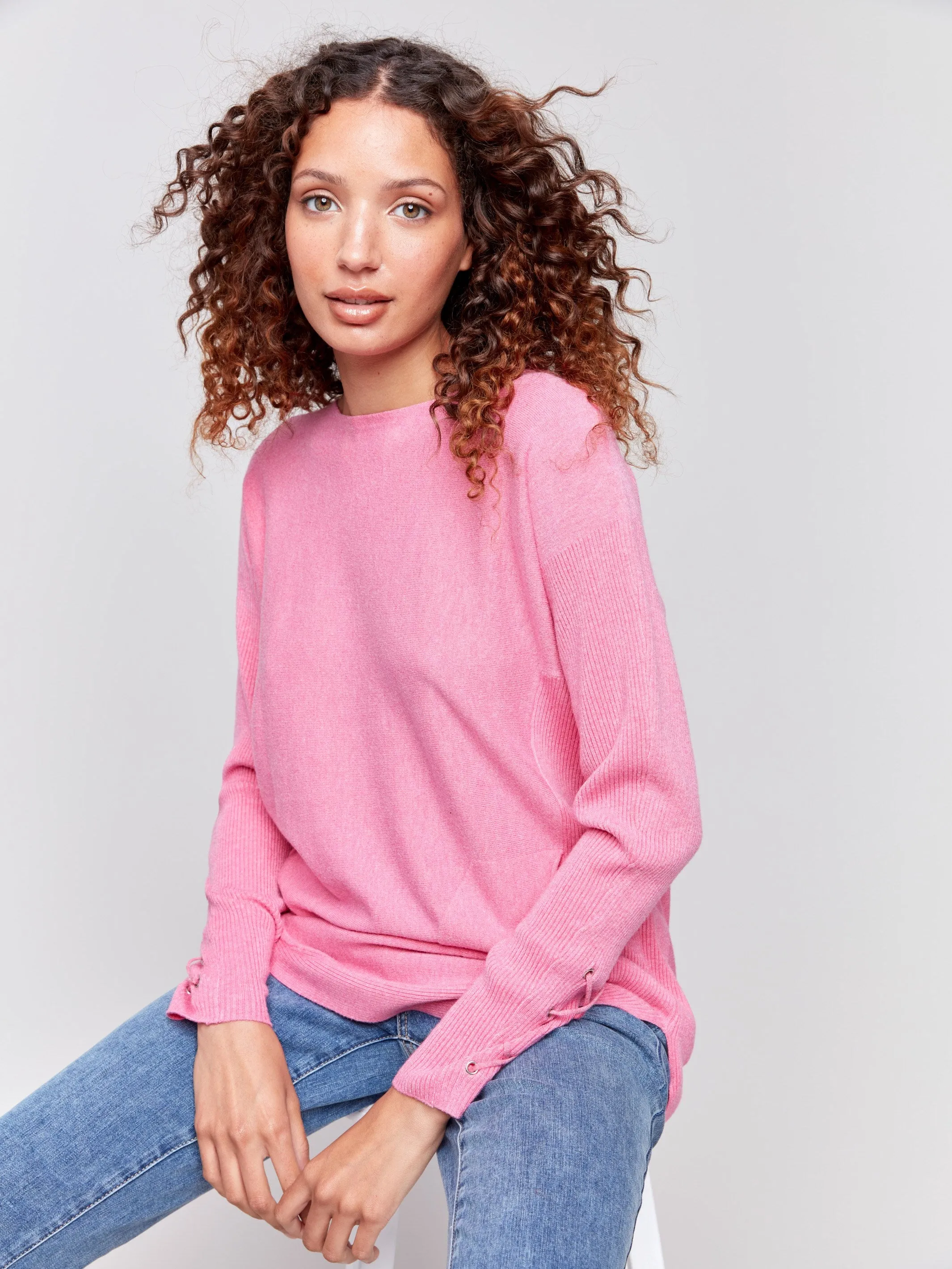 Knit Sweater with Lace-Up Cuffs - Magenta