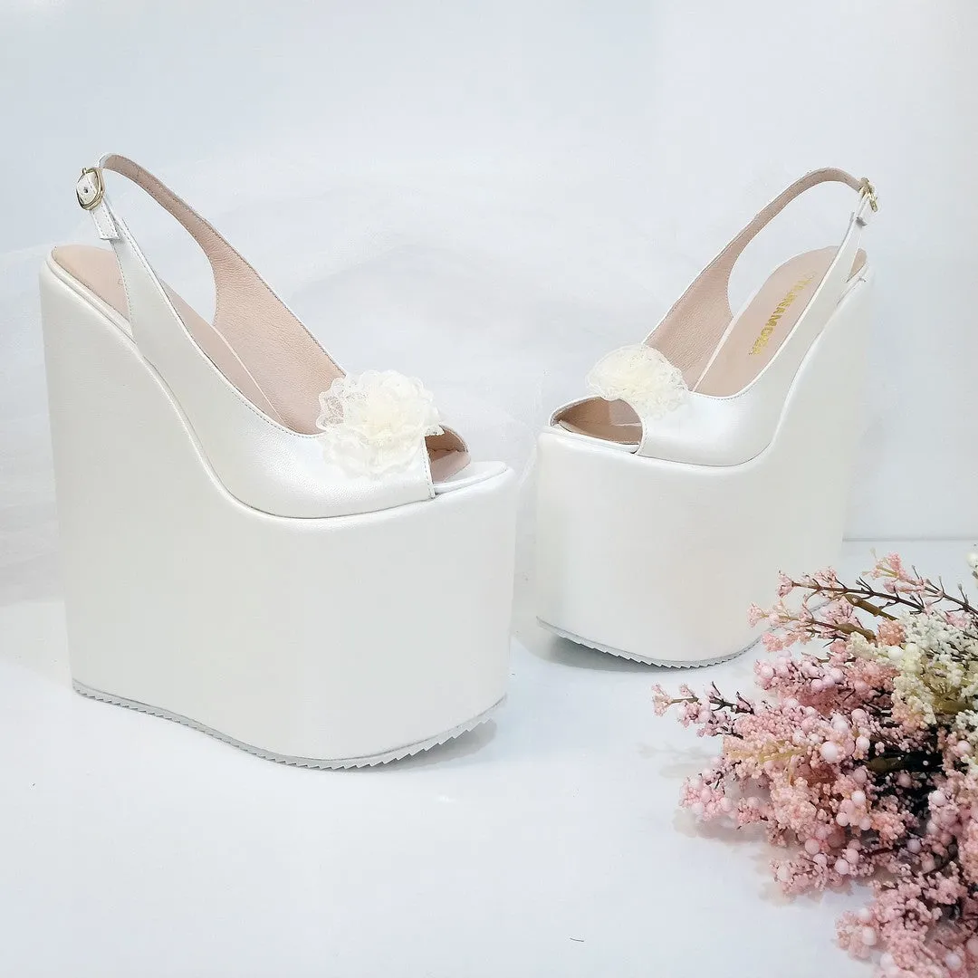 Lacy Ivory White Pee Toe Platform Wedge Bride Shoes