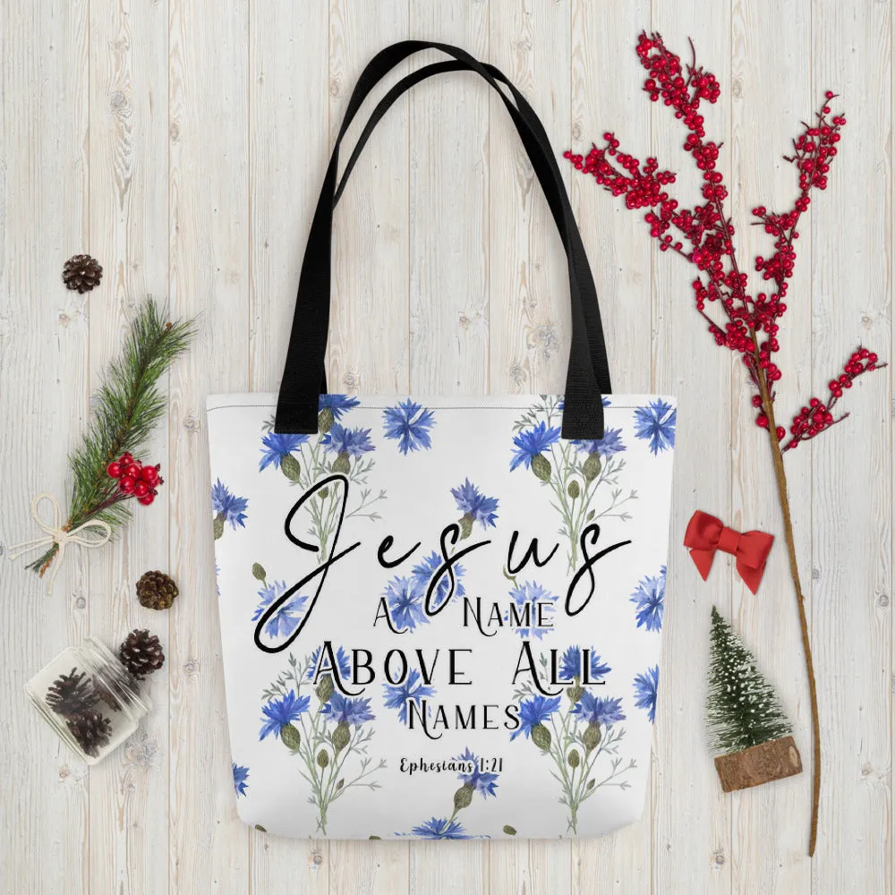 Limited Edition Premium Tote Bag - Jesus A Name Above All Names (Design: Blue Floral)