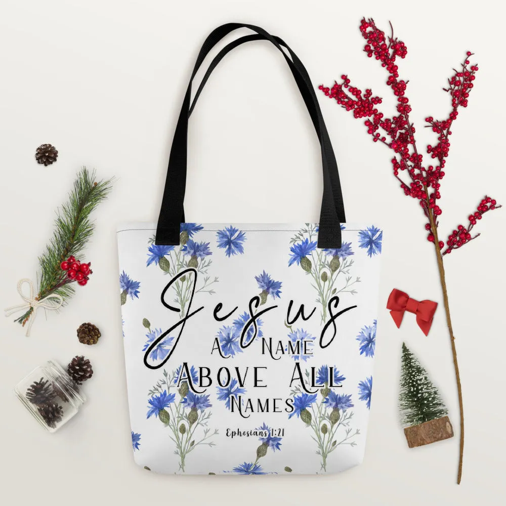 Limited Edition Premium Tote Bag - Jesus A Name Above All Names (Design: Blue Floral)