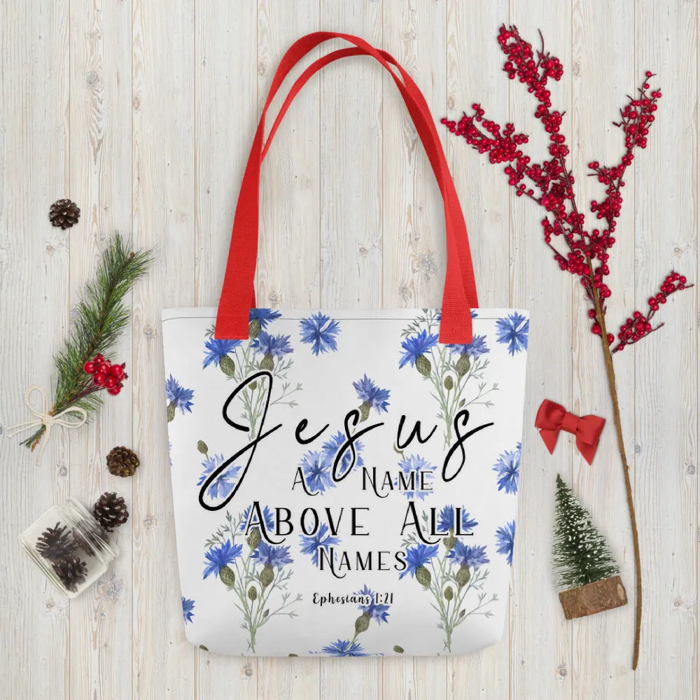 Limited Edition Premium Tote Bag - Jesus A Name Above All Names (Design: Blue Floral)