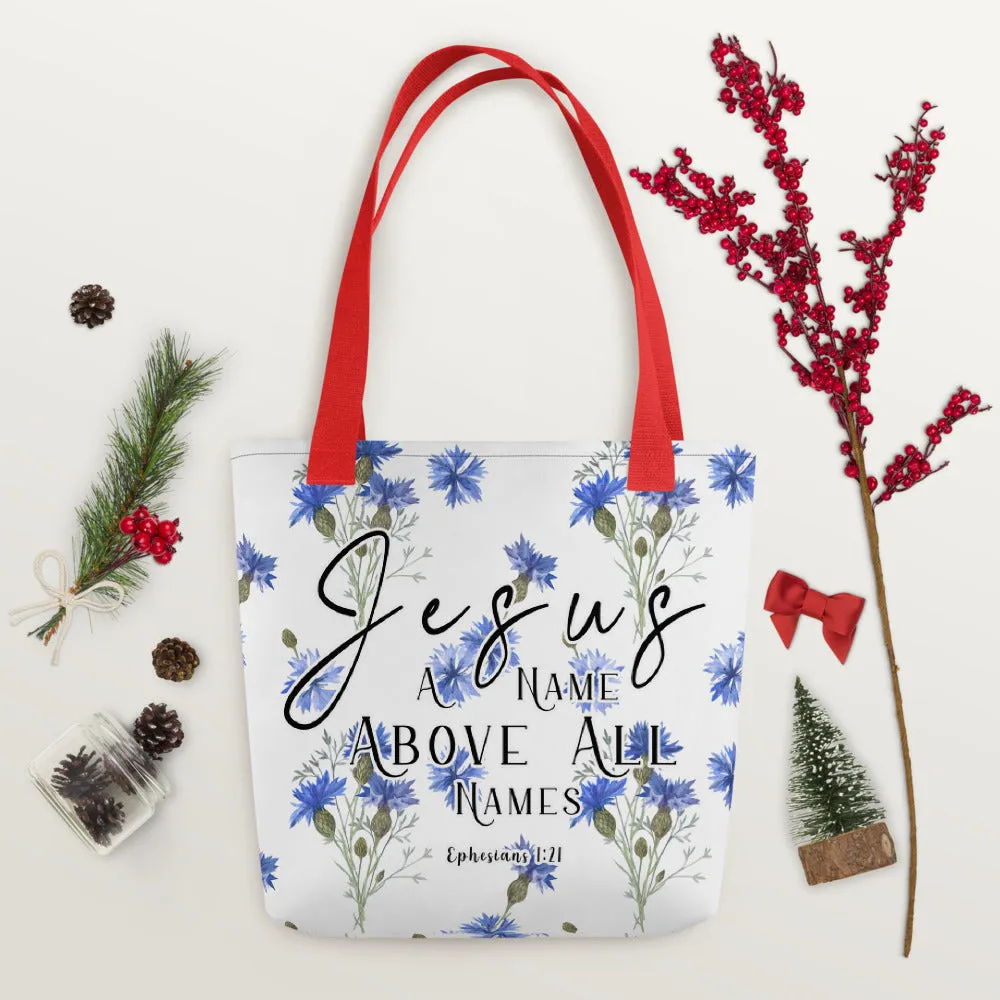 Limited Edition Premium Tote Bag - Jesus A Name Above All Names (Design: Blue Floral)