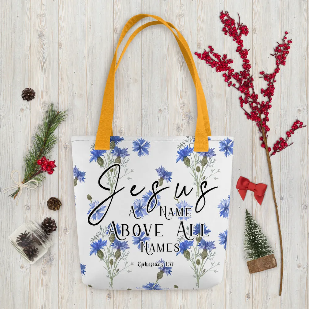 Limited Edition Premium Tote Bag - Jesus A Name Above All Names (Design: Blue Floral)