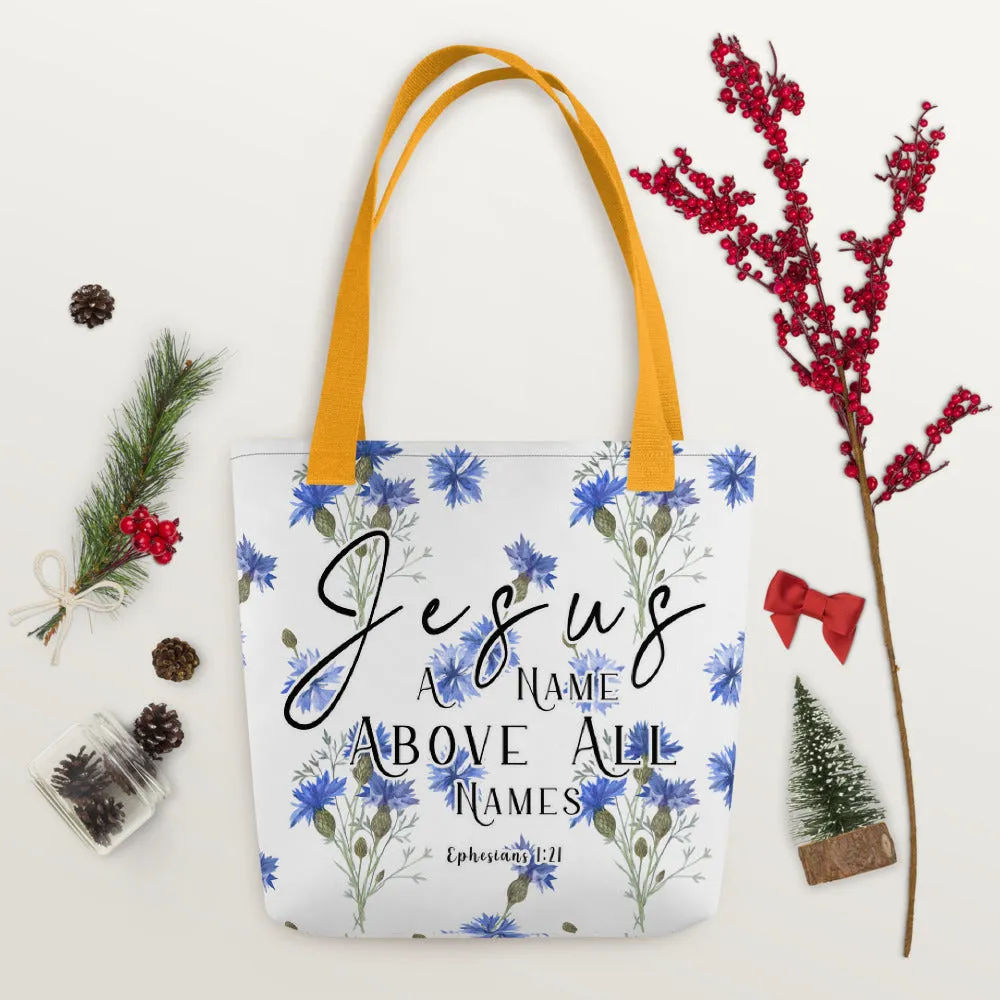 Limited Edition Premium Tote Bag - Jesus A Name Above All Names (Design: Blue Floral)