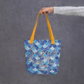 Limited Edition Premium Tote Bag - Jesus A Name Above All Names (Design: Mermaid Scales Blue)