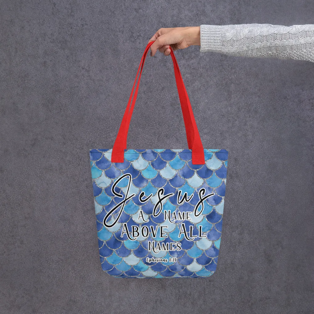 Limited Edition Premium Tote Bag - Jesus A Name Above All Names (Design: Mermaid Scales Blue)