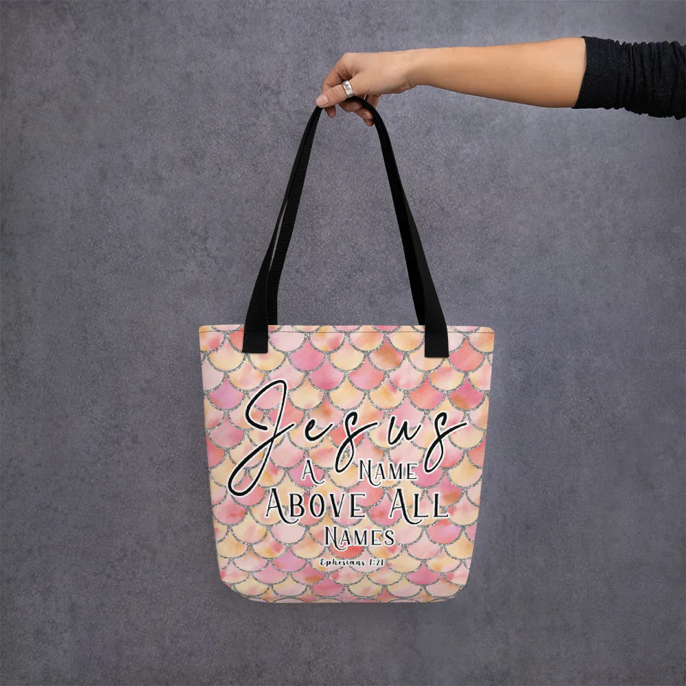 Limited Edition Premium Tote Bag - Jesus A Name Above All Names (Design: Mermaid Scales Pink)