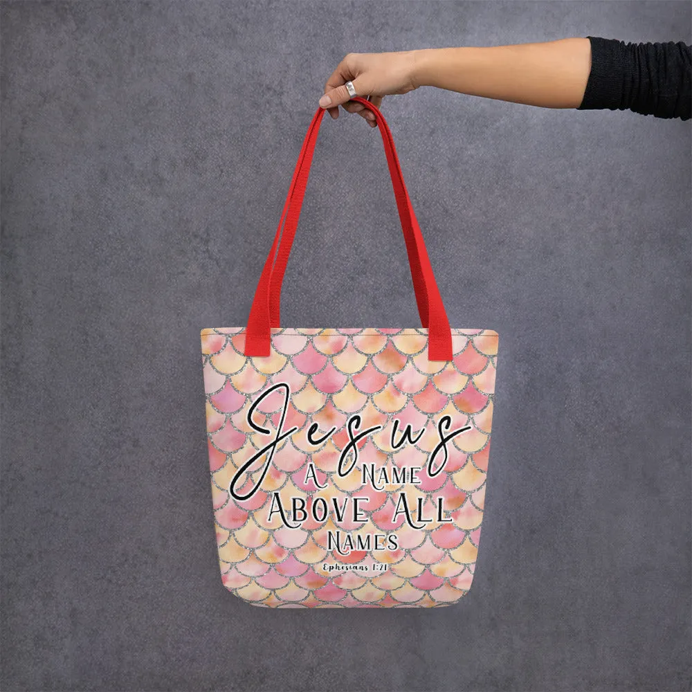 Limited Edition Premium Tote Bag - Jesus A Name Above All Names (Design: Mermaid Scales Pink)