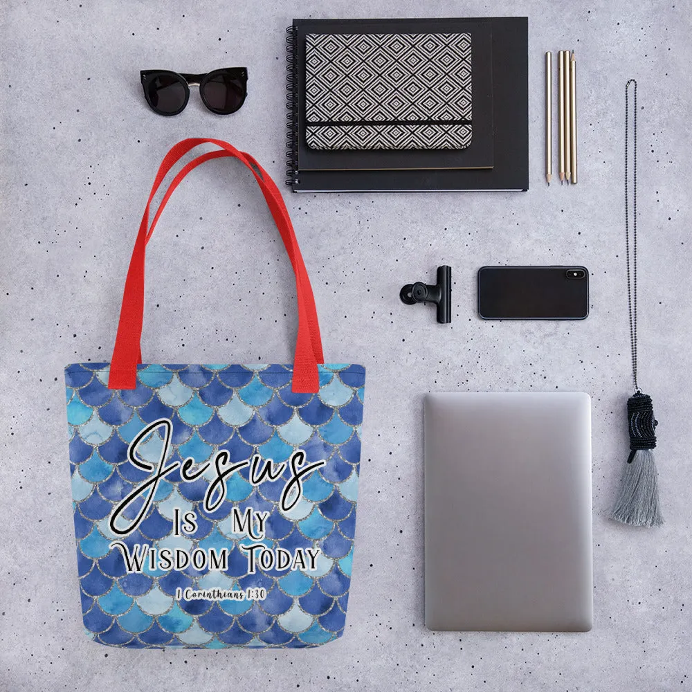 Limited Edition Premium Tote Bag - Jesus Is My Wisdom Today (Design: Mermaid Scales Blue)