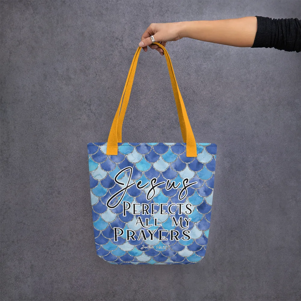 Limited Edition Premium Tote Bag - Jesus Perfects All My Prayers (Design: Mermaid Scales Blue)