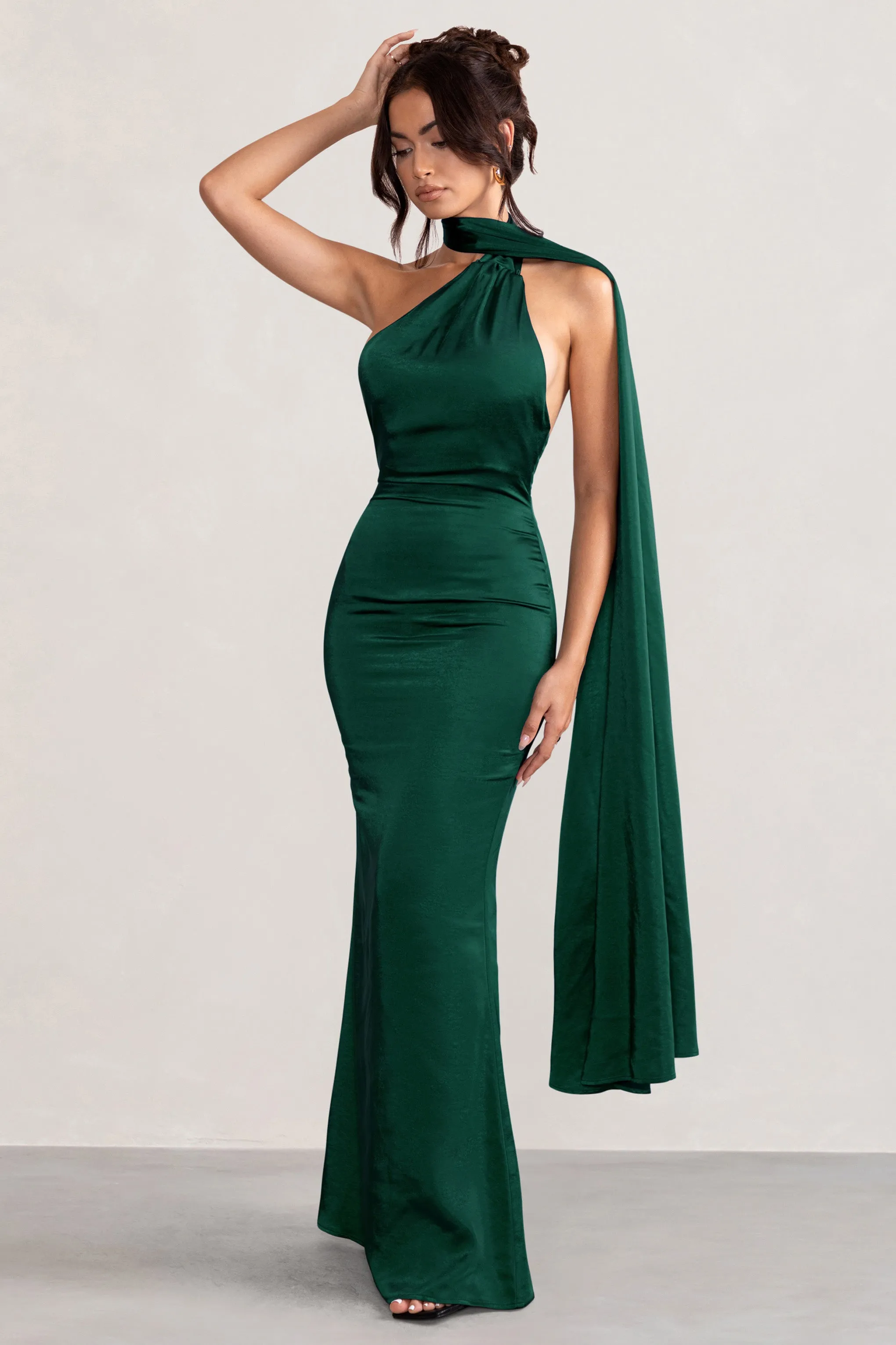 Mademoiselle | Bottle Green Satin Asymmetric Scarf Neck Backless Maxi Dress