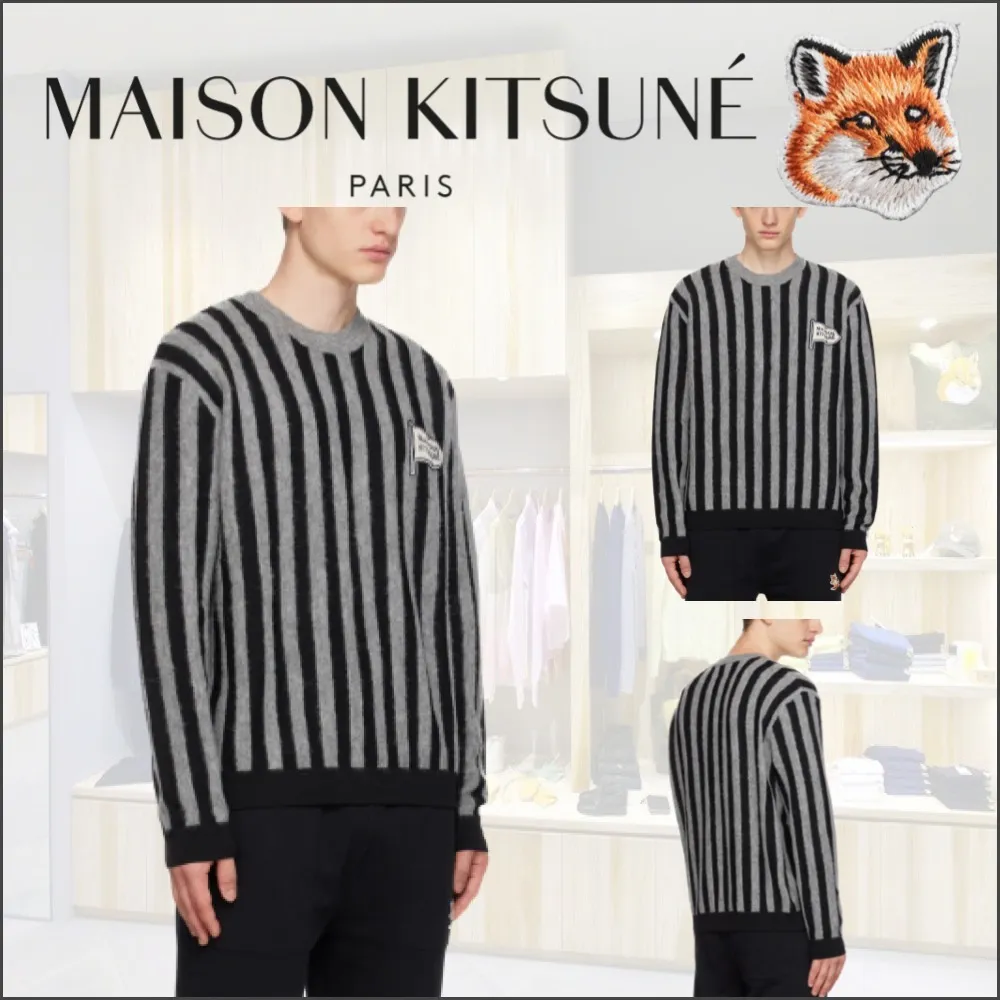 MAISON KITSUNE  |Crew Neck Pullovers Stripes Unisex Nylon Long Sleeves