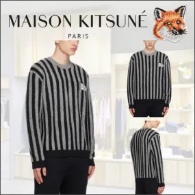 MAISON KITSUNE  |Crew Neck Pullovers Stripes Unisex Nylon Long Sleeves