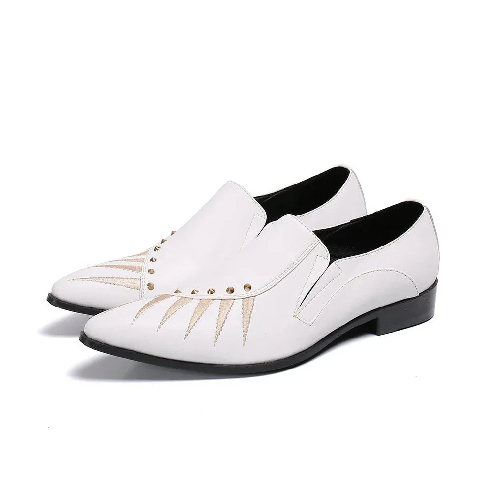 Men's British Style White Genuine Leather Pointed-Toe Business Dress Shoes