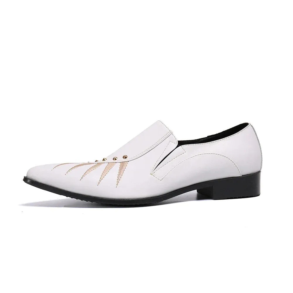 Men's British Style White Genuine Leather Pointed-Toe Business Dress Shoes