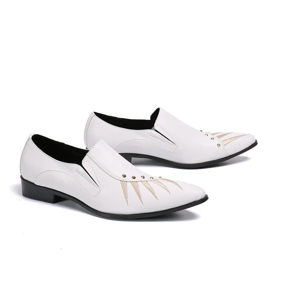 Men's British Style White Genuine Leather Pointed-Toe Business Dress Shoes