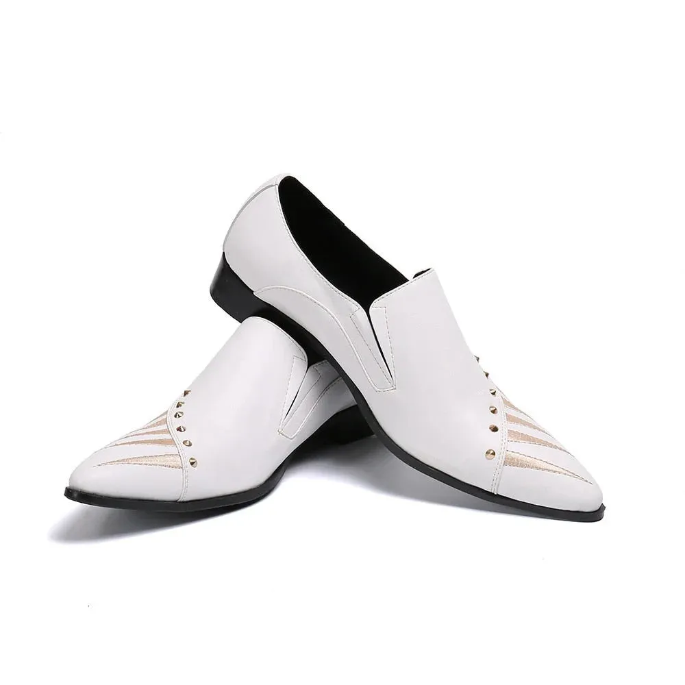 Men's British Style White Genuine Leather Pointed-Toe Business Dress Shoes