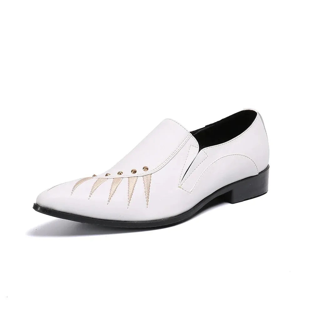 Men's British Style White Genuine Leather Pointed-Toe Business Dress Shoes