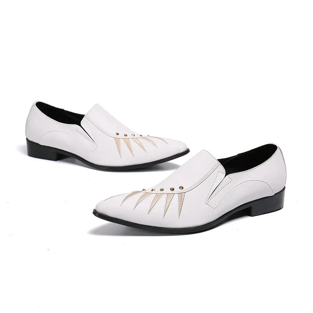 Men's British Style White Genuine Leather Pointed-Toe Business Dress Shoes