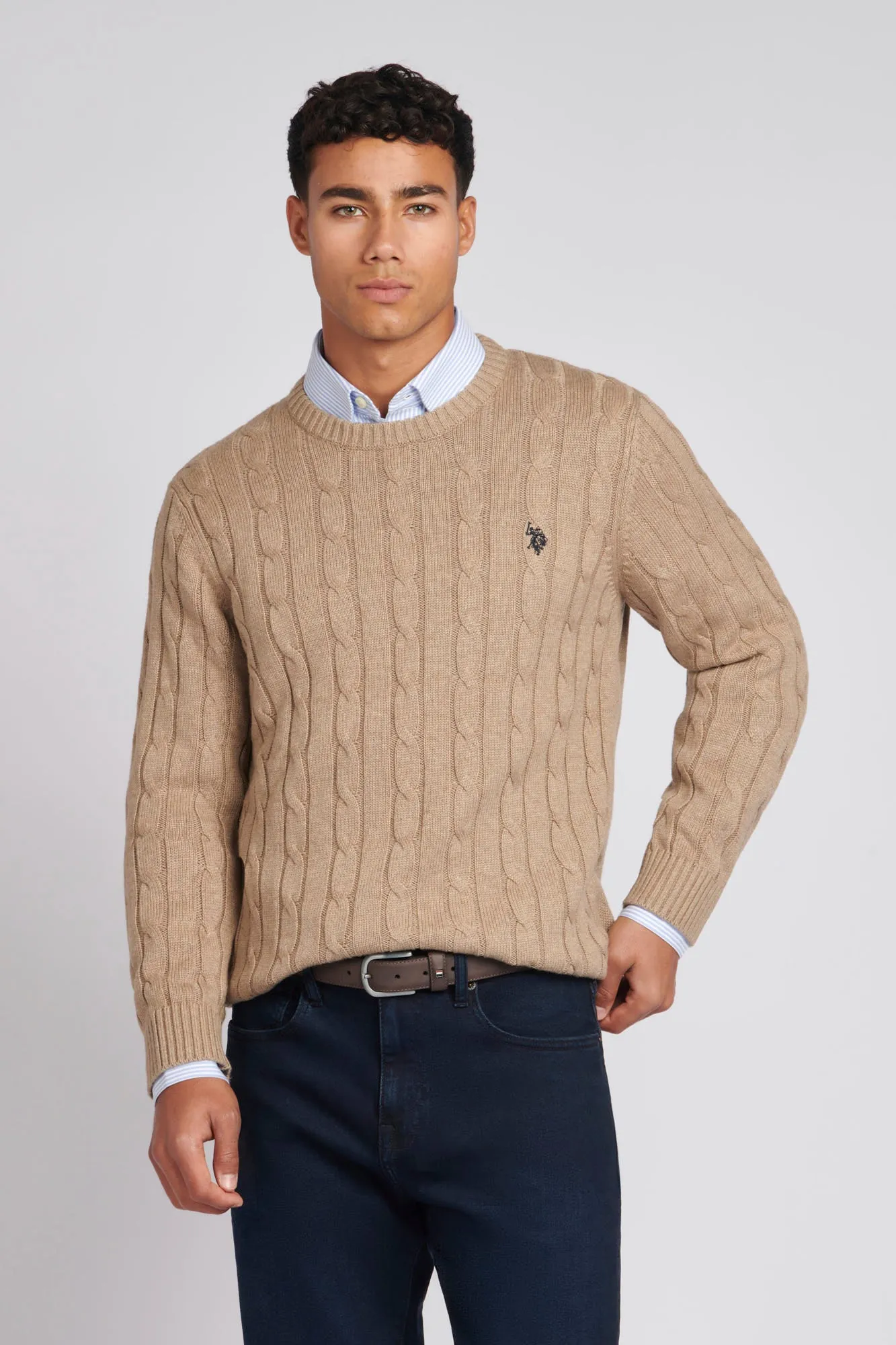 Mens Cable Knit Crew Neck Jumper in Greige Marl / Navy Blazer