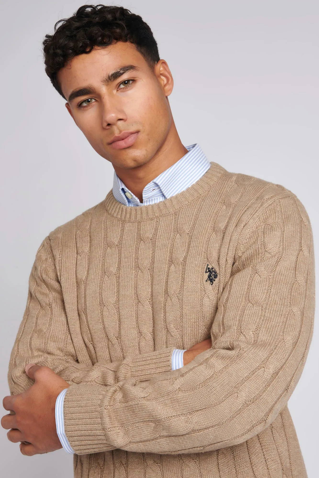 Mens Cable Knit Crew Neck Jumper in Greige Marl / Navy Blazer