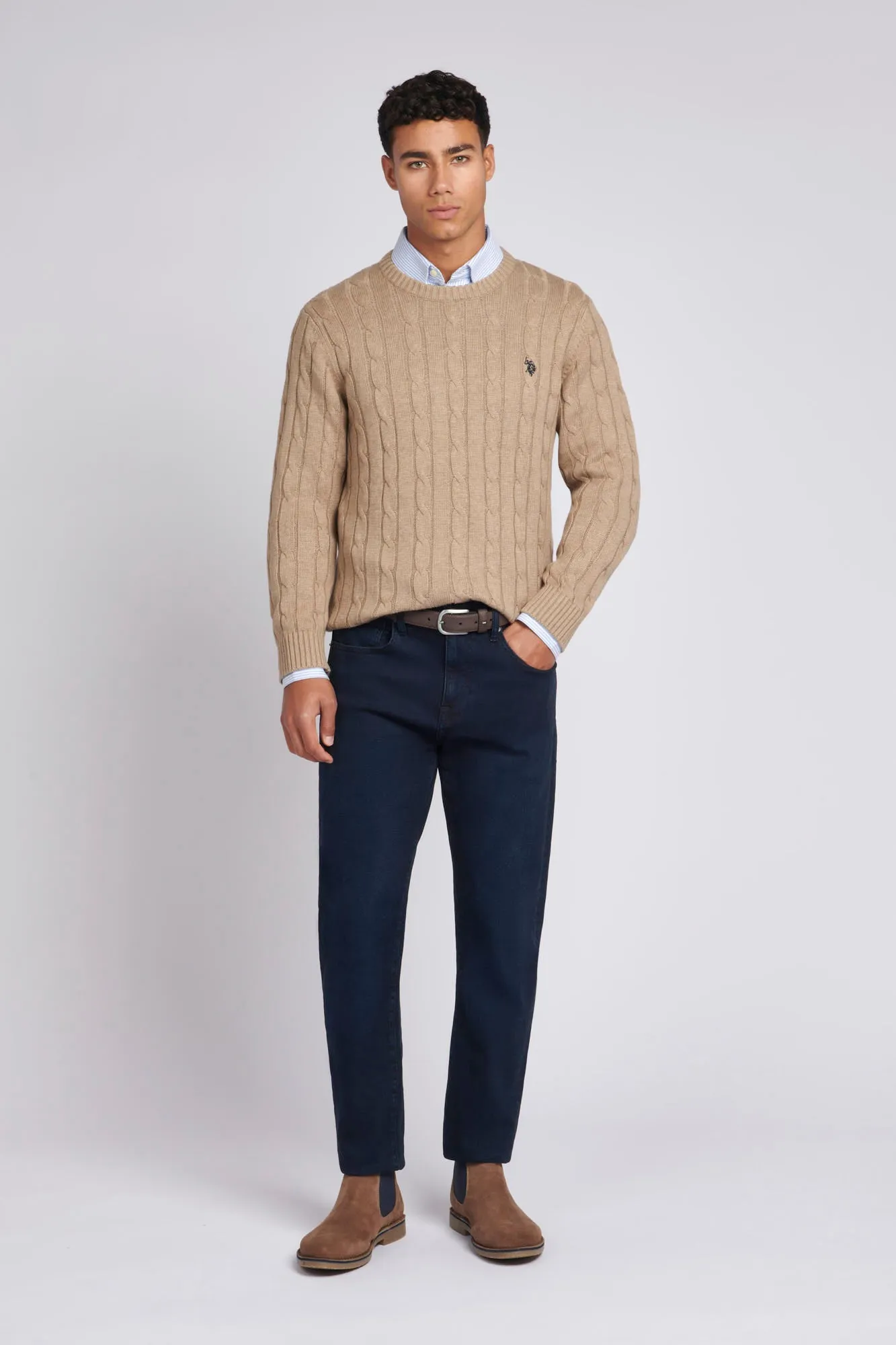 Mens Cable Knit Crew Neck Jumper in Greige Marl / Navy Blazer