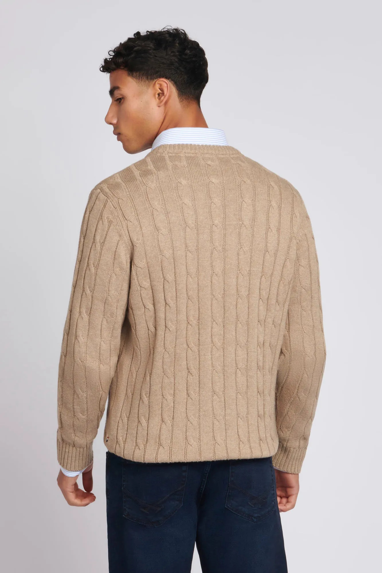 Mens Cable Knit Crew Neck Jumper in Greige Marl / Navy Blazer