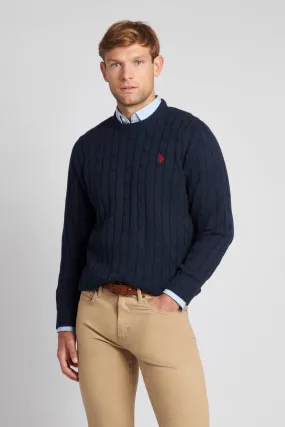 Mens Cable Knit Crew Neck Jumper in Navy Blazer / Haute Red