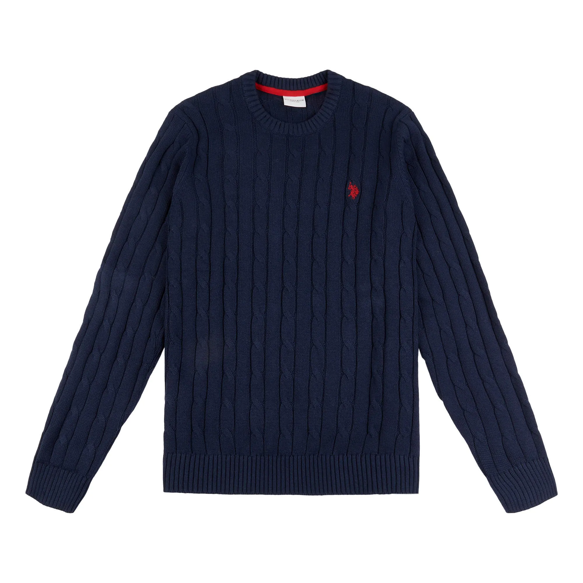 Mens Cable Knit Crew Neck Jumper in Navy Blazer / Haute Red