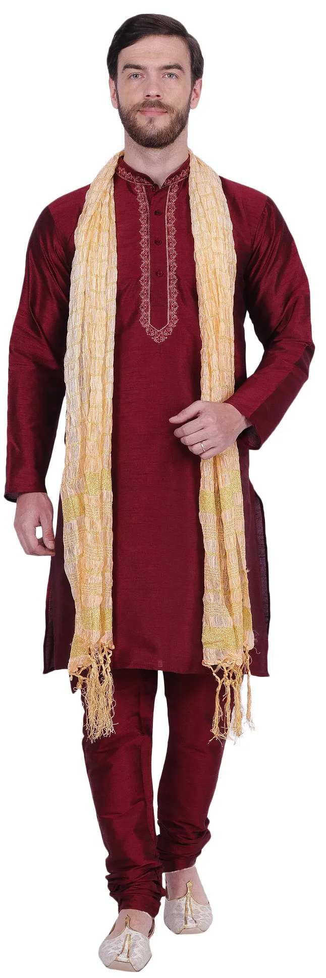 Men's Dupion Silk Kurta Pajama with Scarf India Clothing (Maroon)