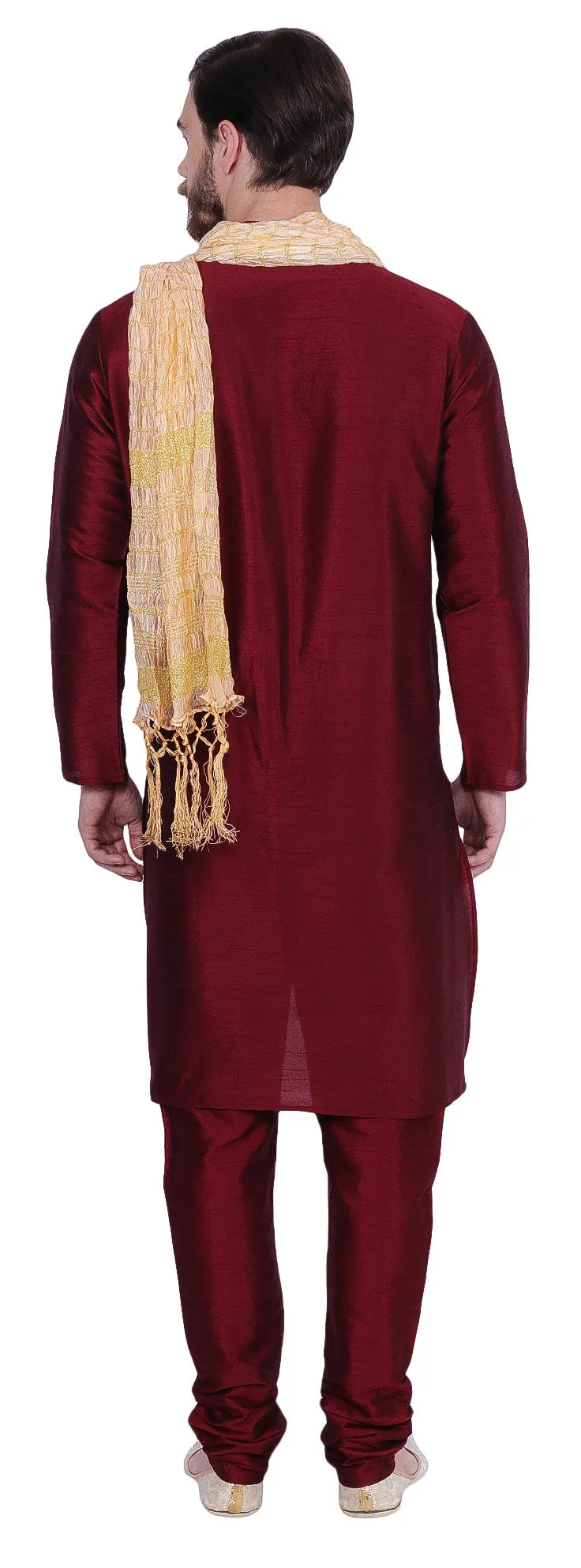 Men's Dupion Silk Kurta Pajama with Scarf India Clothing (Maroon)