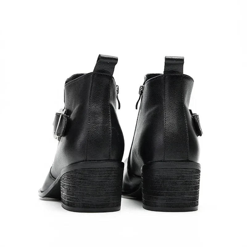 Men's Formal Business Black Genuine Leather Pointed Toe Buckles Zip Boots