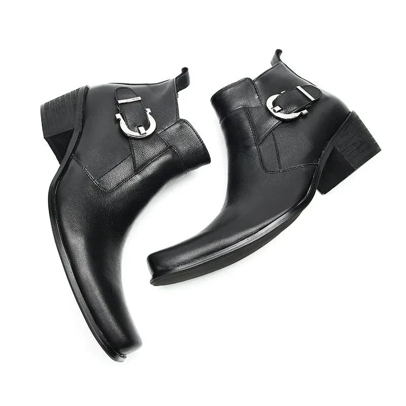 Men's Formal Business Black Genuine Leather Pointed Toe Buckles Zip Boots