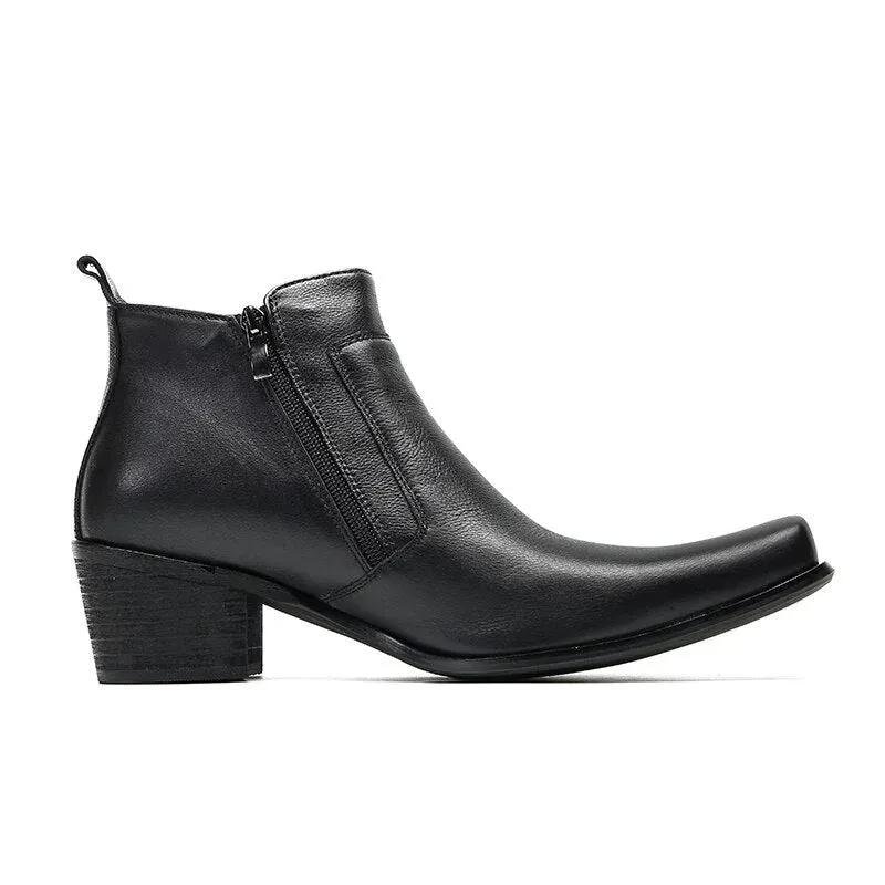 Men's Formal Business Black Genuine Leather Pointed Toe Buckles Zip Boots