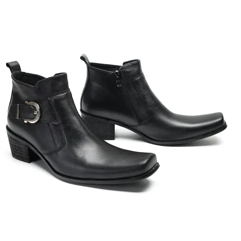 Men's Formal Business Black Genuine Leather Pointed Toe Buckles Zip Boots