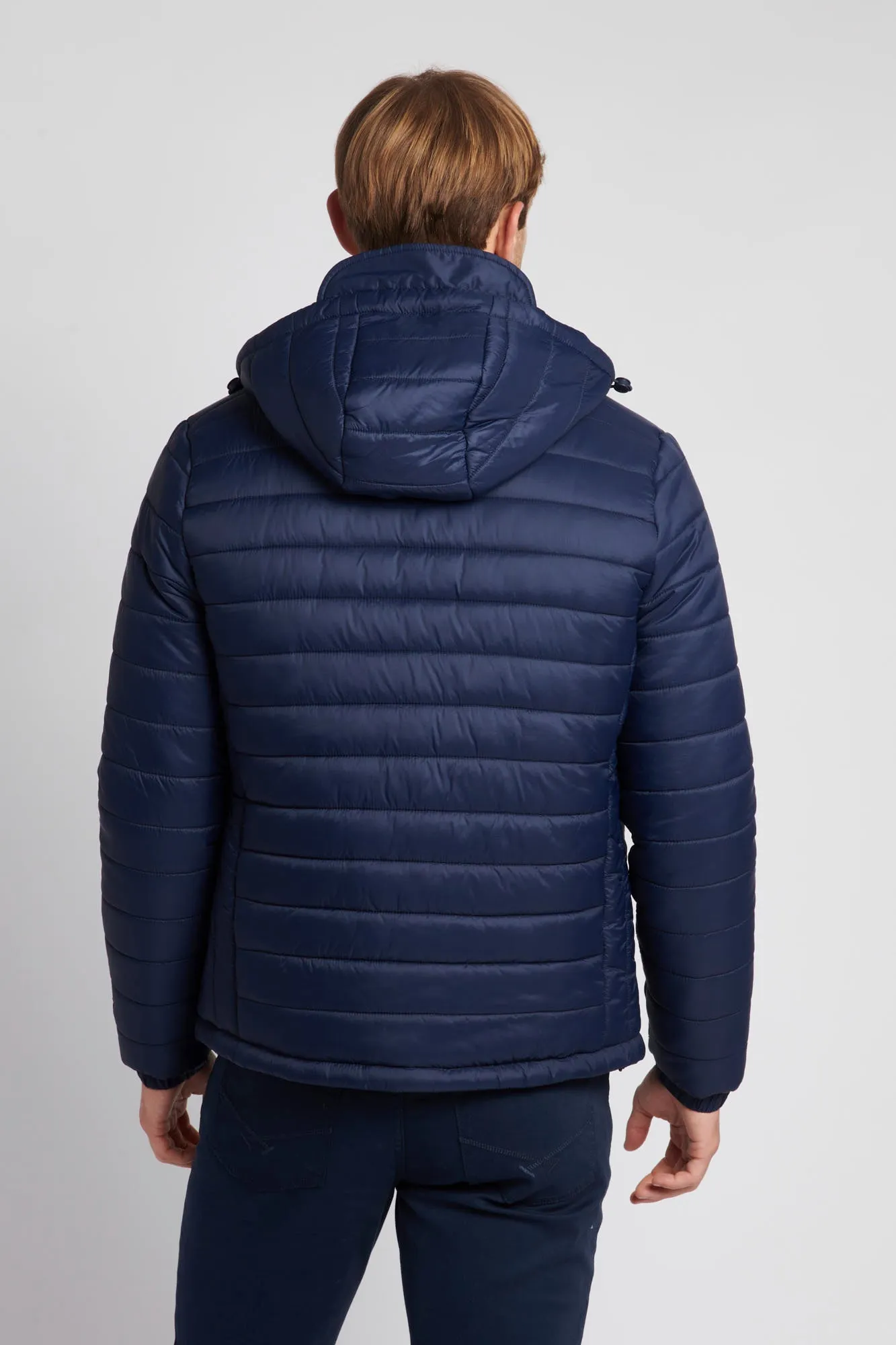 Mens Hooded Quilted Coat in Navy Blazer / Haute Red