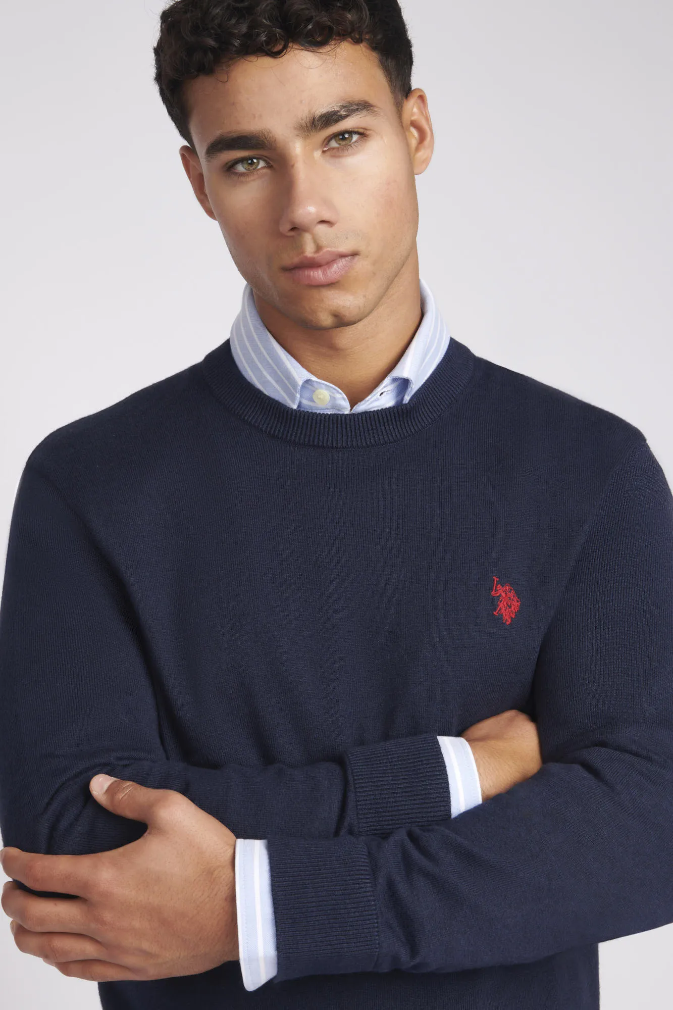 Mens Lightweight Crew Neck Jumper in Navy Blazer / Haute Red