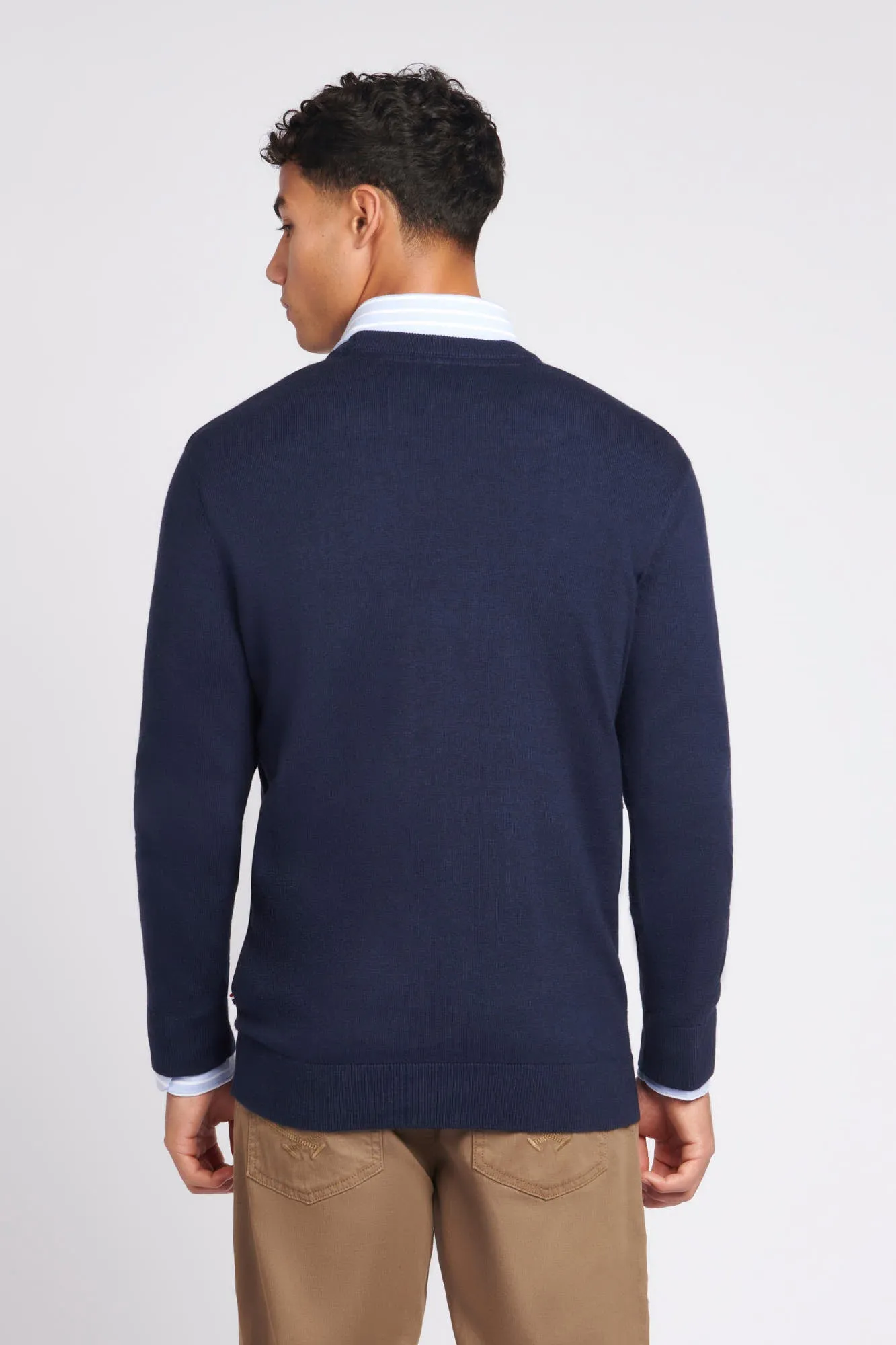 Mens Lightweight Crew Neck Jumper in Navy Blazer / Haute Red