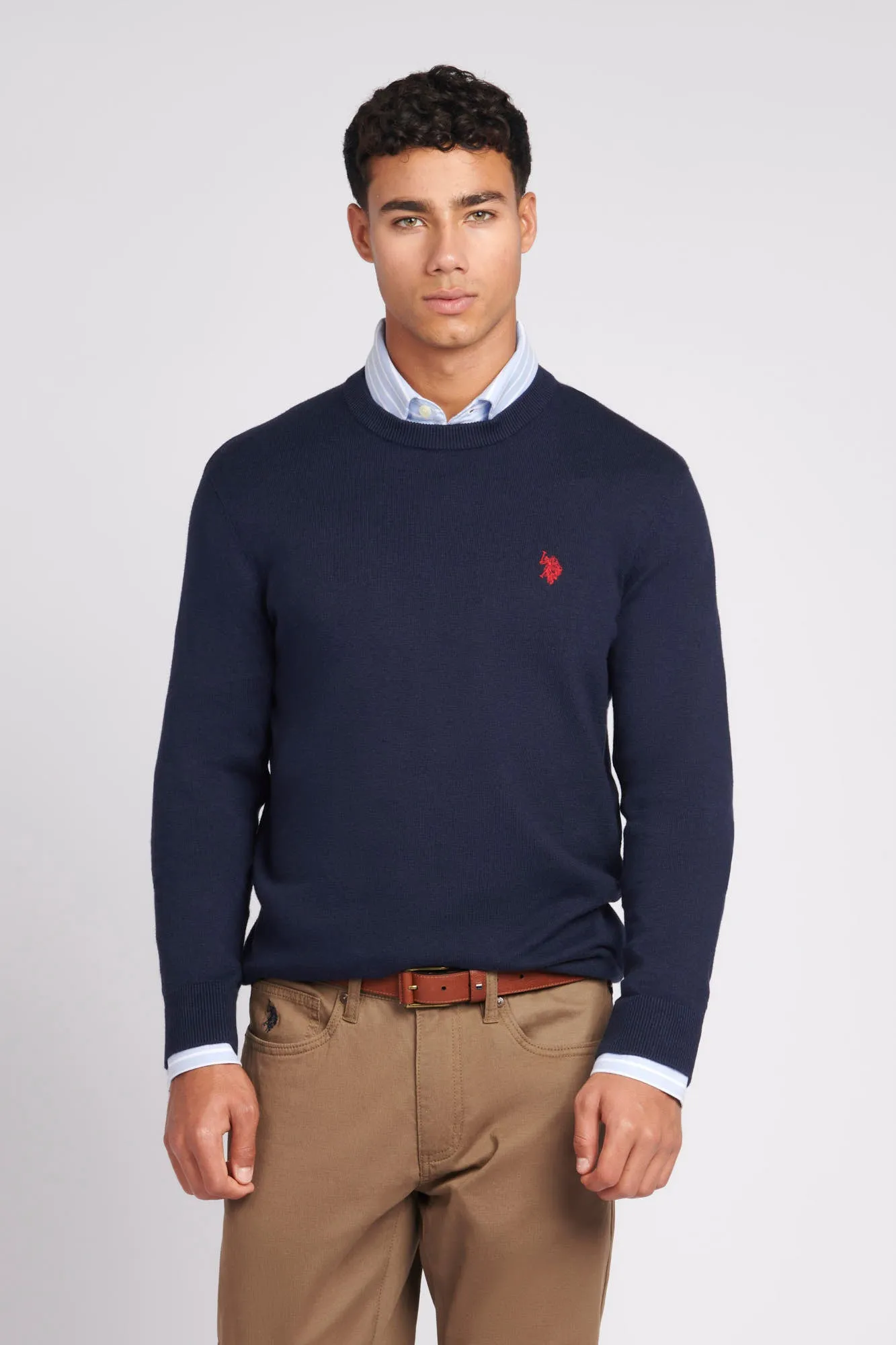 Mens Lightweight Crew Neck Jumper in Navy Blazer / Haute Red