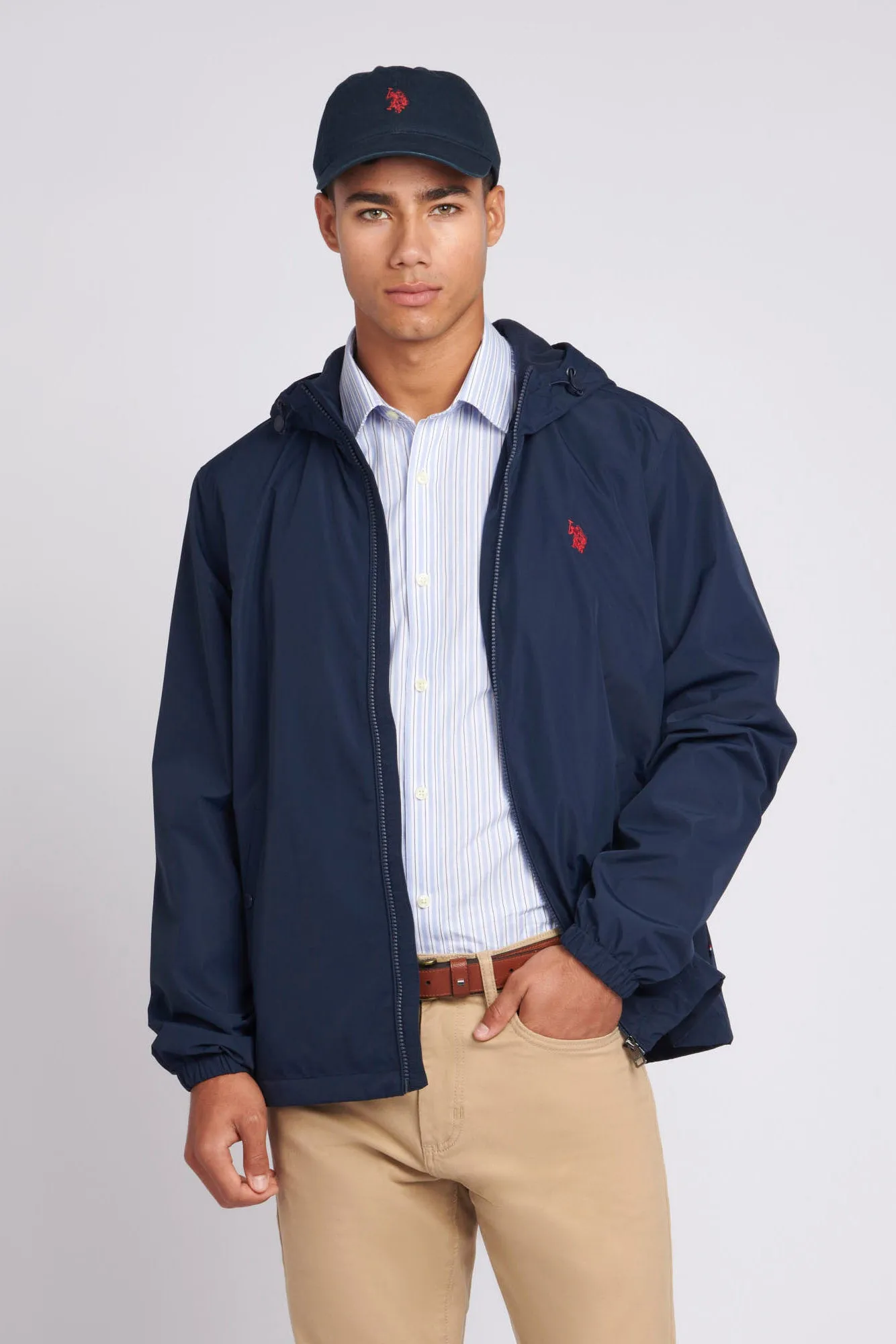 Mens Zip-Through Hooded Coat in Navy Blazer / Haute Red