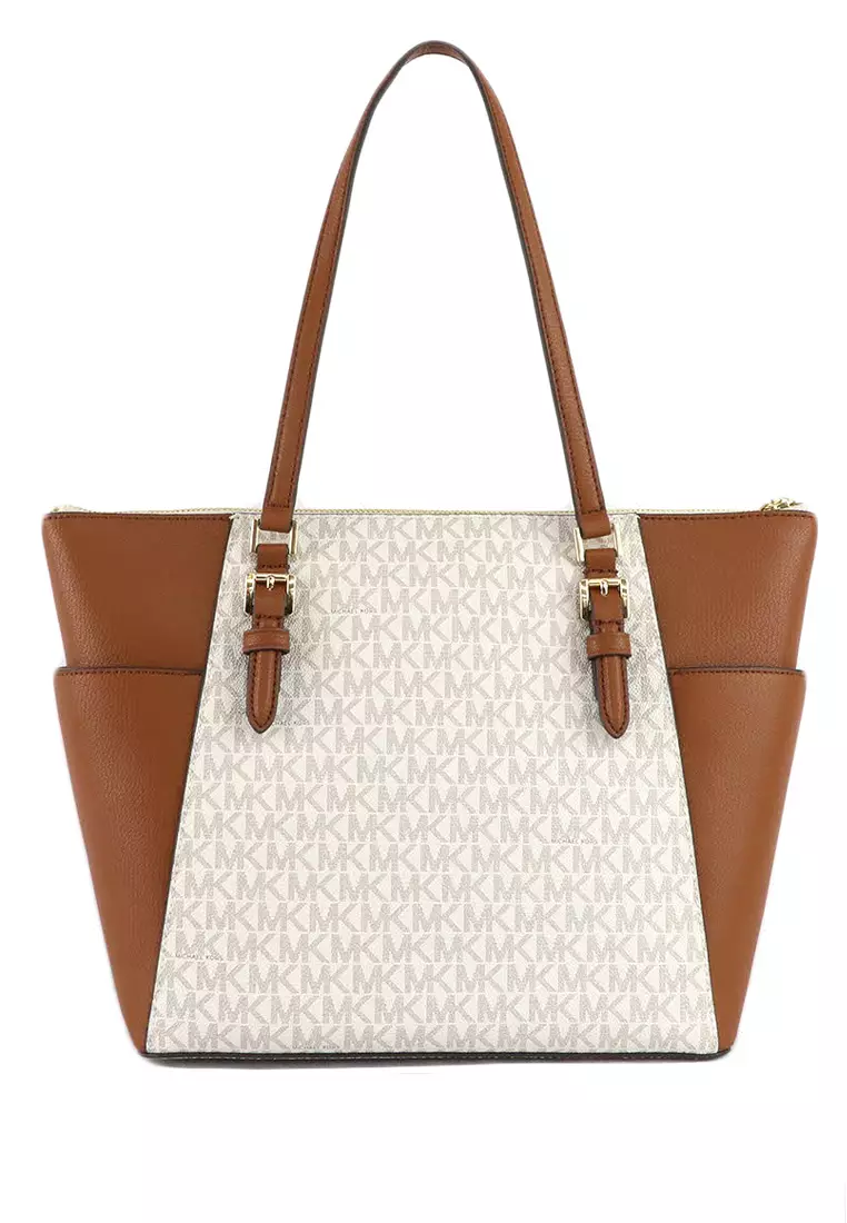 MICHAEL KORS Michael Kors Charlotte Large Tote Bag In Signature - Vanilla/Brown