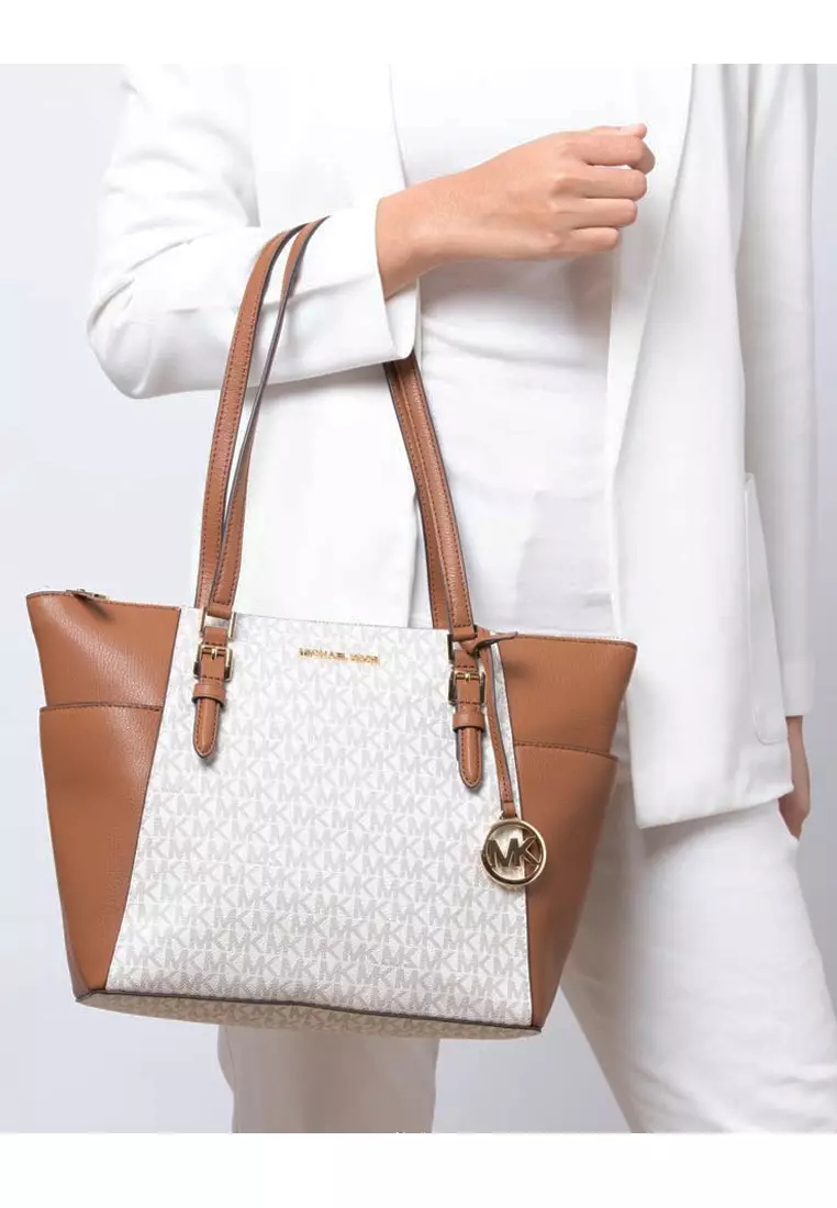 MICHAEL KORS Michael Kors Charlotte Large Tote Bag In Signature - Vanilla/Brown