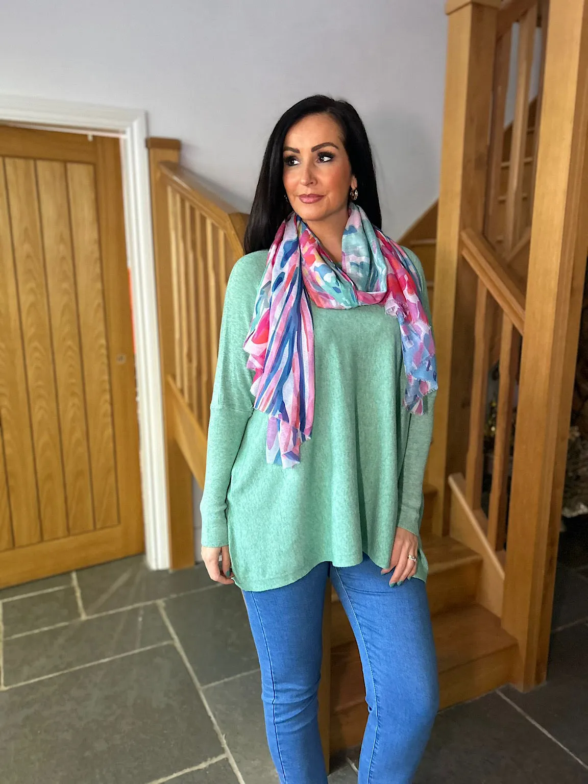 Mint Ribbed Sleeve Round Neck Knit Hayley