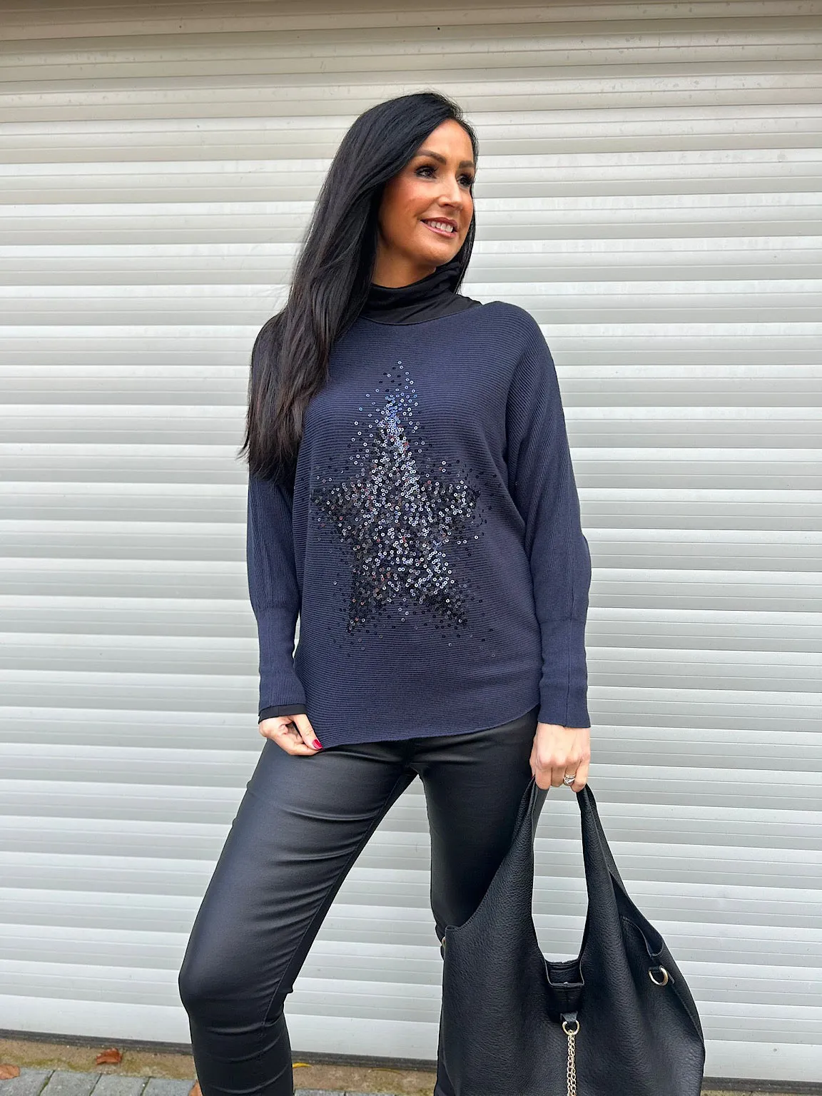 Navy Ribbed Sequin Star Knit Hannah