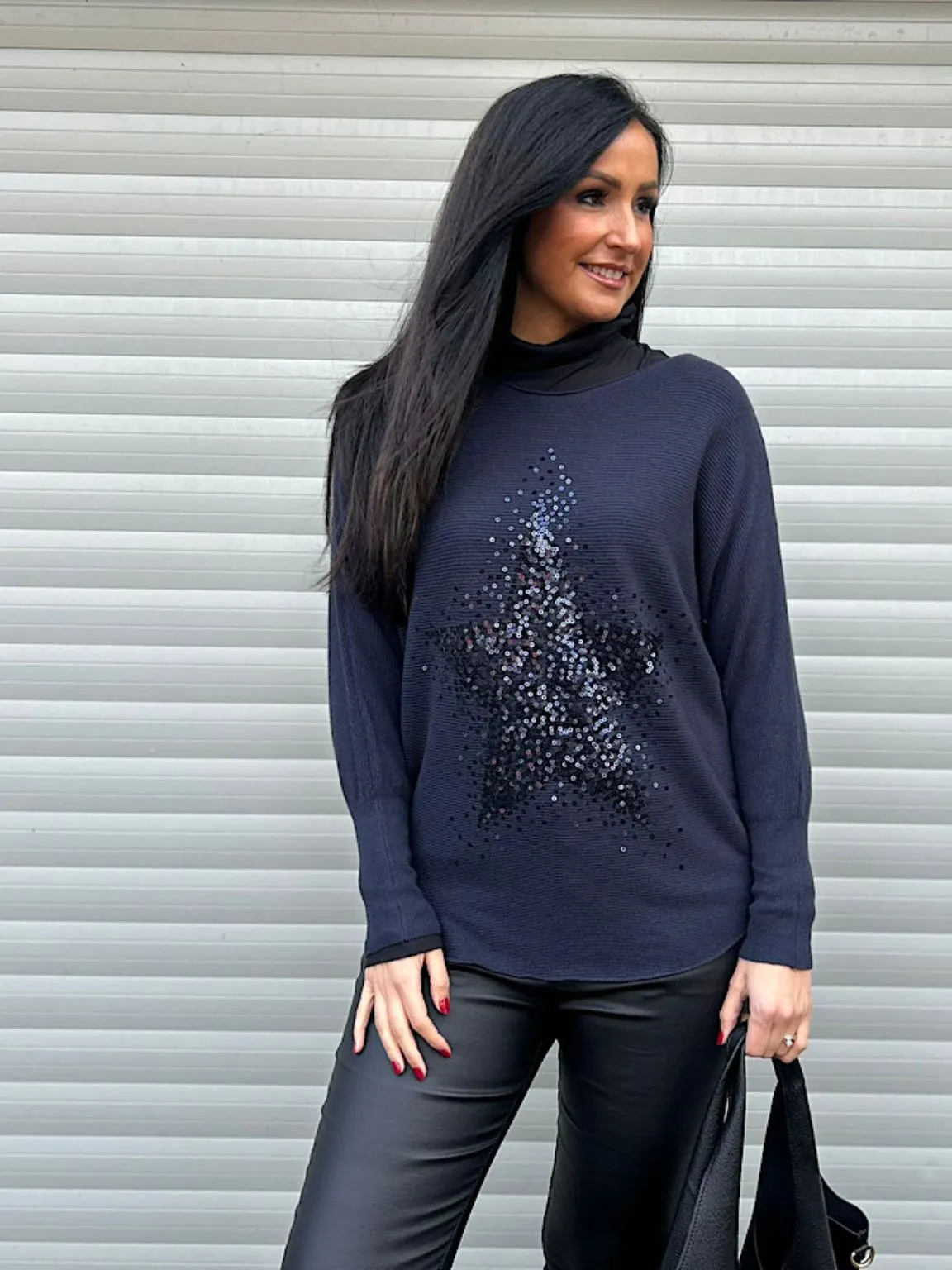 Navy Ribbed Sequin Star Knit Hannah